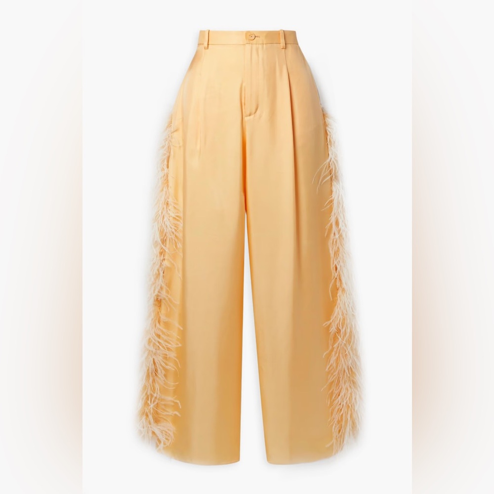 LAPOINTE, Feather-trimmed silk-twill straight-leg pants NWT, Size 4
